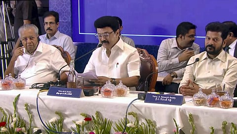 Tamil Nadu Chief Minister MK Stalin addresses the joint action committee meeting on the issue of Lok Sabha constituency delimitation, in Chennai. Kerala CM Pinarayi Vijayan and Telangana CM Revanth Reddy are also seen.
