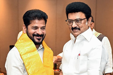 Tamil Nadu Chief Minister MK Stalin meets Telangana Chief Minister A Revanth Reddy on the sidelines of the Joint Action Committee meeting for Fair Delimitation, in Chennai on Saturday.