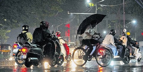 Motorists navigate through the lashing rain on Dr Ambedkar Road on Saturday.