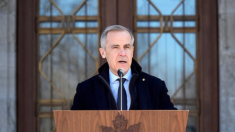 Canadian Prime Minister Mark Carney speaks to the media at Rideau Hall, where he asked the Governor General to dissolve Parliament and call an election, in Ottawa, Sunday, March 23, 2025.