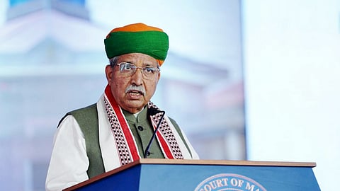 Union Minister of State (I/C) for Law Arjun Ram Meghwal speaks during the dodecennial celebration of Manipur High Court in Imphal, March 23, 2025.