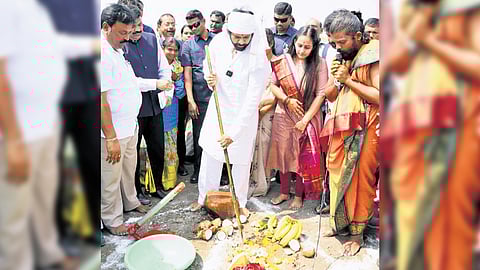 Deputy CM K Pawan Kalyan laying stone for a farm pond in Pudicherla.