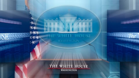 In this photo made with a slow shutter speed, the White House podium is seen before a briefing in the James Brady Press Briefing Room at the White House, March 5, 2025, in Washington.