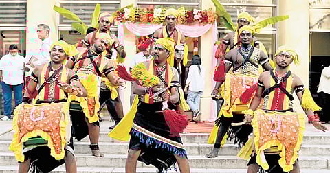 Folk artistes perform ahead of Karnataka Sahitya Academy awards at Ravindra Kalakshetra in Bengaluru on Monday | nagaraja gadekal