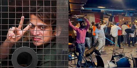 Shiv Sena functionary Rahul Karnal after he was by the Mumbai police.(L). Shiv Sena workers vandalising the Habitat Studio over Kunal Kamra's remarks on Eknath Shinde. (R)