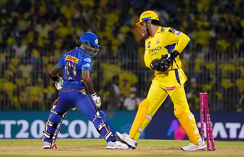 Mumbai Indians' batter Suryakumar Yadav being stumped out by Chennai Super Kings' MS Dhoni during the IPL 2025 cricket match between Chennai Super Kings and Mumbai Indians, at MA Chidambaram Stadium in Chennai, Sunday, March 23, 2025.