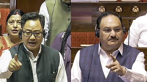 Union Minister Kiren Rijiju and Union Minister JP Nadda speaks in the Rajya Sabha during the Budget session of Parliament, in New Delhi, Monday, March 24, 2025.