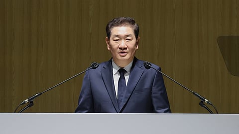 Han Jong-Hee, a senior Samsung Electronics executive credited with elevating the South Korean tech giant's TV business to global leadership, speaks during the company's annual general meeting at the Suwon Convention Center in Suwon, South Korea, Wednesday, March 19, 2025.