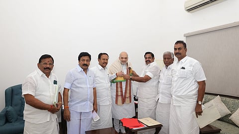 AIADMK General Secretary Edappadi K Palaniswami, along with party leaders, meets Union Home Minister Amit Shah at his residence in New Delhi on Tuesday, March 25, 2025.