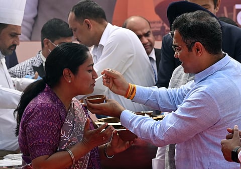 Delhi CM Rekha Gupta with ministers Parvesh Verma, Manjinder Singh Sirsa, Kapil Mishra participates in the Kheer ceremony ahead of the commencement of the five-day Budget session, in New Delhi, Monday, March 24, 2025.