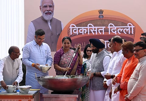 Delhi CM Rekha Gupta with ministers Parvesh Verma, Manjinder Singh Sirsa, Kapil Mishra participates in the Kheer ceremony ahead of the commencement of the five-day Budget session, in New Delhi, Monday, March 24, 2025