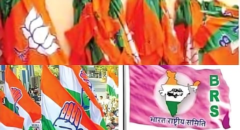 Clockwise: The flags of BJP, BRS and Congress used for representative purposes.