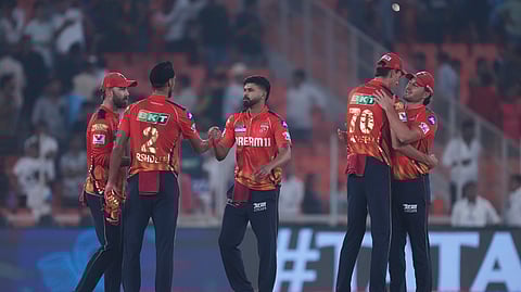 Punjab Kings' captain Shreyas Iyer greets his teammates following their teams' win in the Indian Premier League cricket match between Gujarat Titans and Punjab Kings at Narendra Modi Stadium in Ahmedabad, India, Tuesday, March 25, 2025.