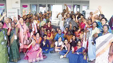 Senior citizens from Nedumpuram strike a pose at the High Court Water Metro terminal on Tuesday
