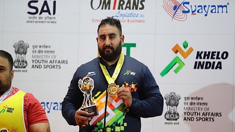 Haryana's Pardeep Joon in men's powerlifting competitions at the Khelo India Para Games here on Wednesday.