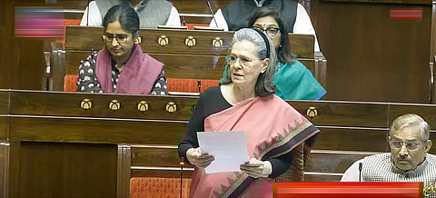 Congress leader Sonia Gandhi speaks in the Rajya Sabha during the Budget session of Parliament.