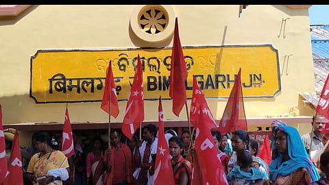 CITU workers protesting at Bimlagarh railway siding on Tuesday.