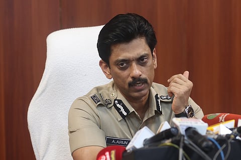 Greater Chennai Commissioner of Police A Arun spoke to the press on Wednesday after the 'encounter' (Express Photo | Ashwin Prasath)