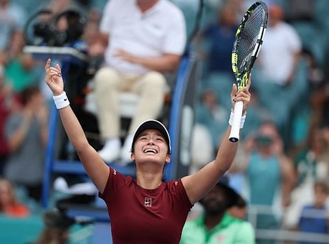 Alexandra Eala of the Philippines reacts at match point after defeating Iga Swiatek of Poland on Day 9 of the Miami Open at Hard Rock Stadium on March 26, 2025 in Miami Gardens, Florida.