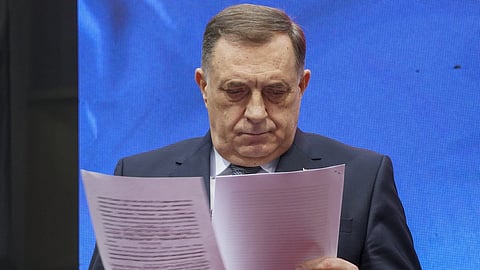Bosnian Serb President Milorad Dodik watches ruling by the court after a court sentenced him to one year in prison and banned him from engaging in politics for six years over his separatist actions during a rally in the Bosnian town of Banja Luka, 240 kms northwest of Sarajevo, Wednesday, Feb 26, 2025.