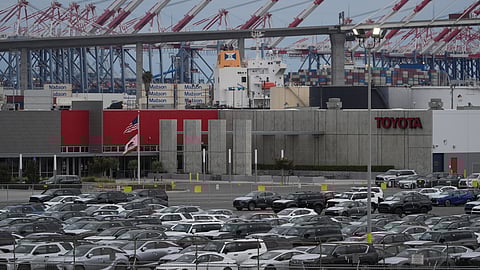 New Toyota vehicles are stored at the Toyota Logistics Service, their most significant vehicle imports processing facility in North America, at the Port of Long Beach in Long Beach, Calif., Wednesday.