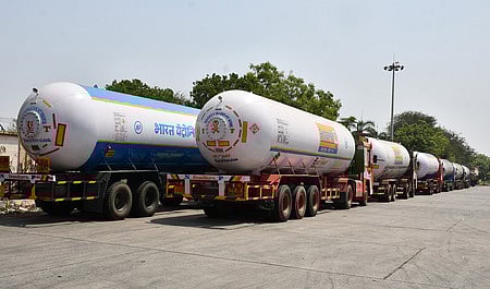 LPG tanker lorries are parked at Manali as part of an indefinite strike by operators