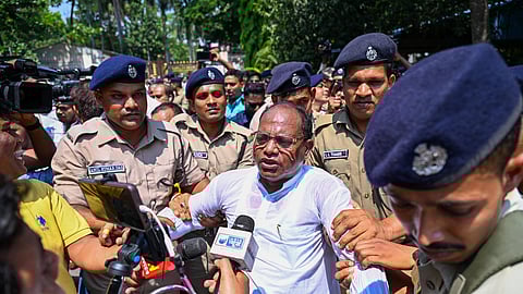 CLP leader Rama Chandra Kadam taken into custody while protesting at Assembly gate against the suspension of party MLAs, on Wednesday.