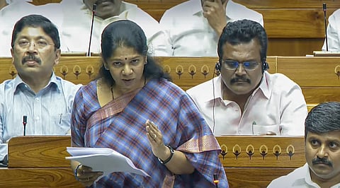 DMK member Kanimozhi speaks in the Lok Sabha during the Budget session of Parliament, in New Delhi, Thursday, March 27, 2025.
