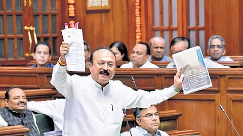 Delhi minister Ashish Sood speaks during the Budget session of the Delhi Assembly.