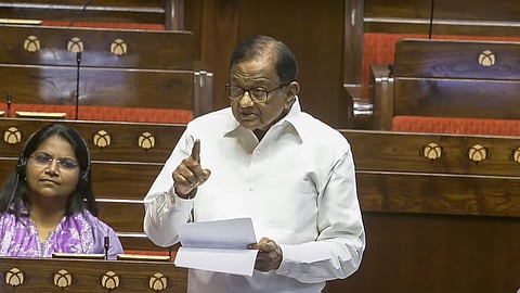 Congress member P Chidambaram speaks in the Rajya Sabha during the Budget session of Parliament, in New Delhi, Thursday, March 27, 2025.