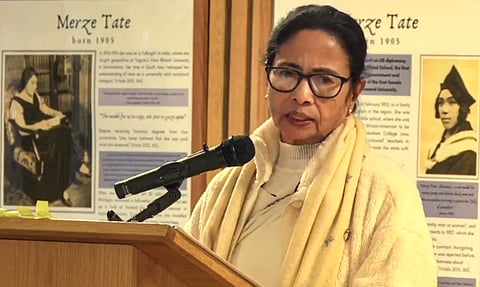 In this screengrab from a video posted by @AITCofficial via X on Thursday, March 27, 2025, West Bengal Chief Minister Mamata Banerjee delivers a keynote address on "Social Development-Girl, Child and Women Empowerment in West Bengal" at Kellogg College, during a visit to the University of Oxford.