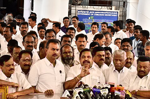 AIADMK leader Edappadi K Palaniswami speaks to the media after he and his supporters were evicted from the Assembly