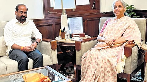 Health Minister Y Satya Kumar Yadav (L) with Union Finance Minister Nirmala Sitharaman in Delhi on Friday.