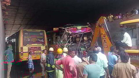 Two buses collided near Samalpatti, Uthangarai railway bridge causing injuries to 32 people.
