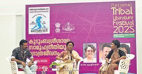 Chief Secretary Sarada Muraleedharan with activist Bindhu Ammini and
journalist-anchor Rajaneesh V R at National Tribal Literature Festival in Kozhikode