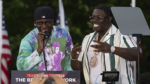 Rappers Sheff G, right, and Sleepy Hallow, join the Republican presidential candidate Donald Trump during a campaign rally in the south Bronx, May 23, 2024, in New York.
