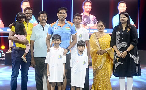 A Sharath Kamal with his family members in Chennai on Saturday