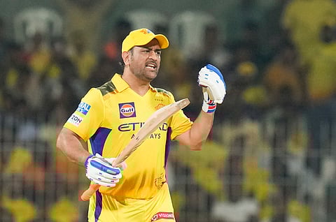 MS Dhoni runs between the wickets during an IPL 2025 T20 cricket match between CSK and RCB, at the MA Chidambaram Stadium, in Chennai, Friday, March 28, 2025.