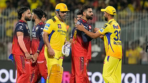 RCB's Virat Kohli being congratulated by CSK captain Ruturaj Gaikwad after RCB won an Indian Premier League (IPL) 2025 T20 cricket match at the MA Chidambaram Stadium, in Chennai.