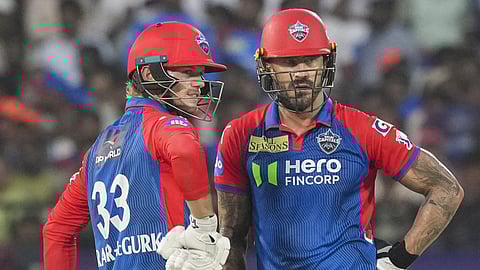 Delhi Capitals' Faf du Plessis and Jake Fraser-McGurk during an Indian Premier League (IPL) 2025 T20 cricket match between Delhi Capitals (DC) and Sunrisers Hyderabad (SRH), at the ACA-VDCA International Cricket Stadium, in Visakhapatnam, Andhra Pradesh, Sunday, March 30, 2025.