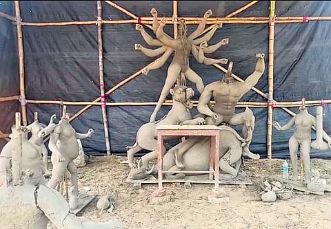 The headless idols at a puja pandal in Gopinathpur village of Bhograi block