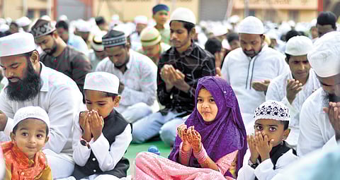 Muslim devotees offer special prayers at IGMC stadium on Monday