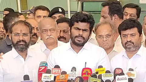 Coimbatore: BJP state President K Annamalai, addressing during the press meet at Coimbatore International AIrport on Sunday.