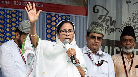West Bengal chief ninister Mamata Banerjee addresses a gathering on the occasion of Eid-ul-Fitr festival at Red Road in Kolkata on Monday.