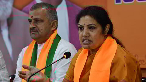 BJP state president and MP Daggubati Purandeswari addressing the party's cadre during the state level meeting at the Central office in Vijayawada on Monday.