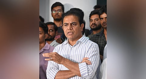 BRS working president KT Rama Rao speaks during a press meet at Telangana Bhavan in Hyderabad after meeting HCU students