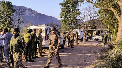 Security personnel deployed after a fresh encounter with terrorists, in the Panjtirthi Jathana area of Kathua district, Tuesday, April 1, 2025.