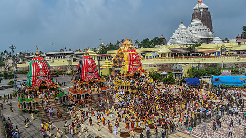Three chariot in front of Shee Mandir during Ratha Yatra in Puri on Tuesday