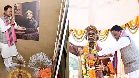 CM Majhi paying tribute to Madhu Babu at his ancestral house in Satyabhamapur.