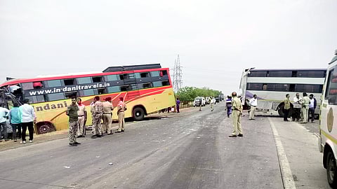 Police at the accident site after multiple vehicles collided with each other, leaving five persons dead, in Maharashtra's Buldhana district, Wednesday morning.